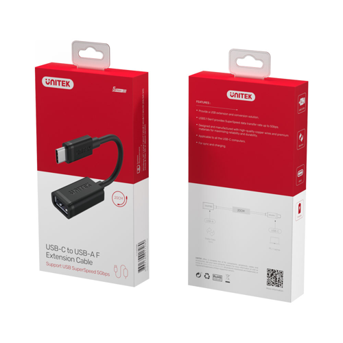 Unitek Y-C476BK | 20cm USB3.0 Type-C Male to Type-A Female Cable