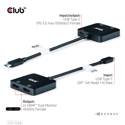 Club3D CSV-1558 | USB Type-C to Dual HDMI 4K @60Hz with PD 100W