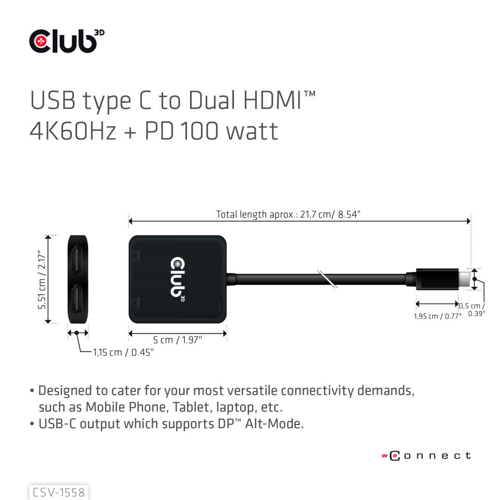 Club3D CSV-1558 | USB Type-C to Dual HDMI 4K @60Hz with PD 100W