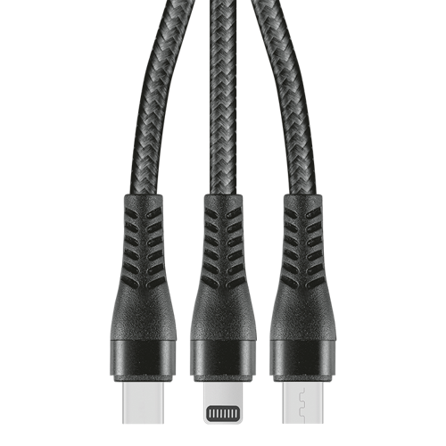 Indestruktible 1.2m 3-In-1 Charger Cable Allum alloy & Braiding